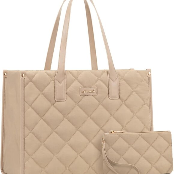 Cute Quilted Laptop Tote with Coin Purse - Versatile Khaki Bag for Work & Travel - Picture 1 of 8